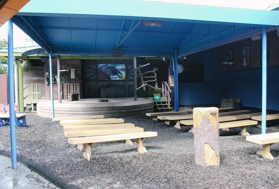 the stage with benches for the Animal Care Story at Rafiki's Planet Watch 