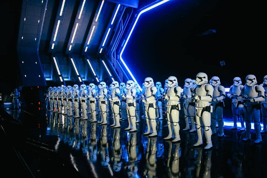 Stormtroopers standing guard in the Rise of the Resistance queue 