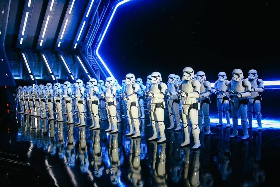 the rows of Stormtroopers in the pre-show area of Star Wars: Rise of the Resistance
