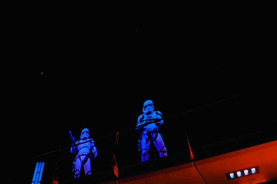 Stormtroopers watching over guests so they don't escape during Rise of the Resistance. 