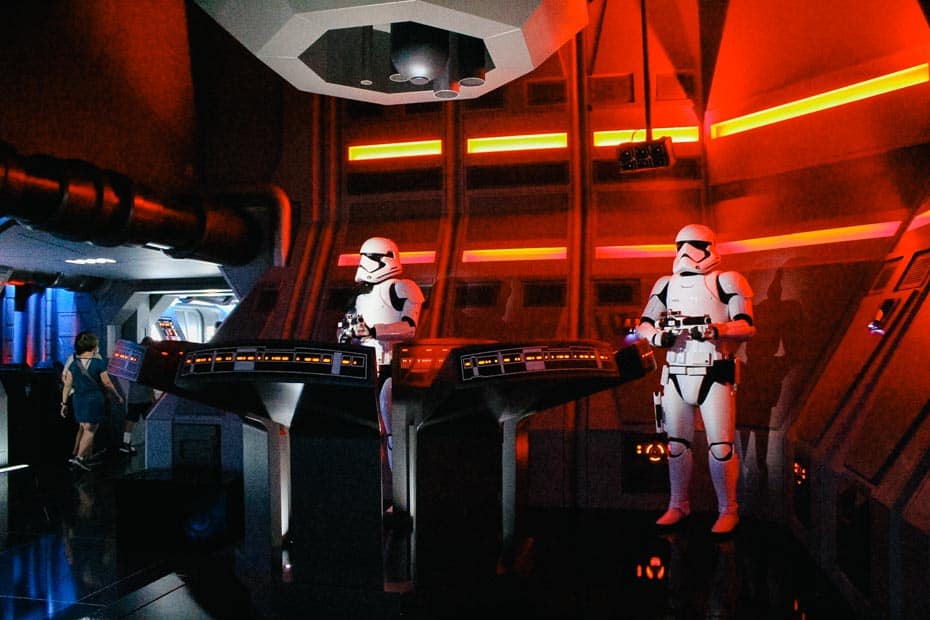 Stormtroopers in the holding area before you enter the interrogation room during Star Wars: Rise of the Resistance. 
