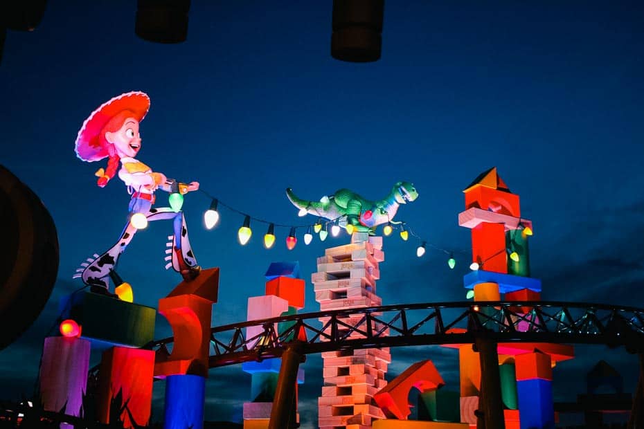 Jessie and Rex at night in Toy Story Land 