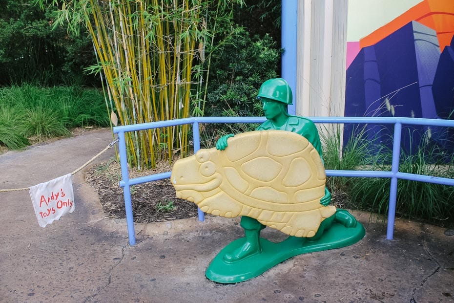 A Green Army Man hiding behind an animal cracker in Toy Story Land.