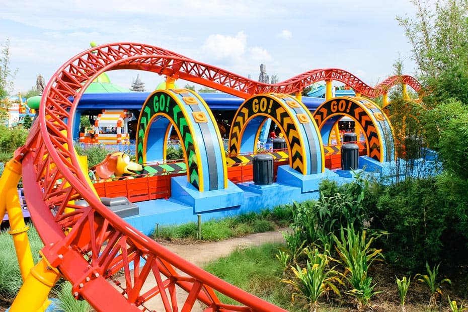 Slinky Dog Dash's bright red roller coaster tracks 