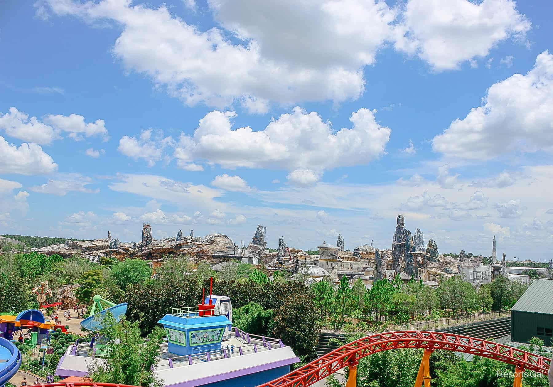 a view of Galaxy's Edge from a peak of Slinky Dog Dash 