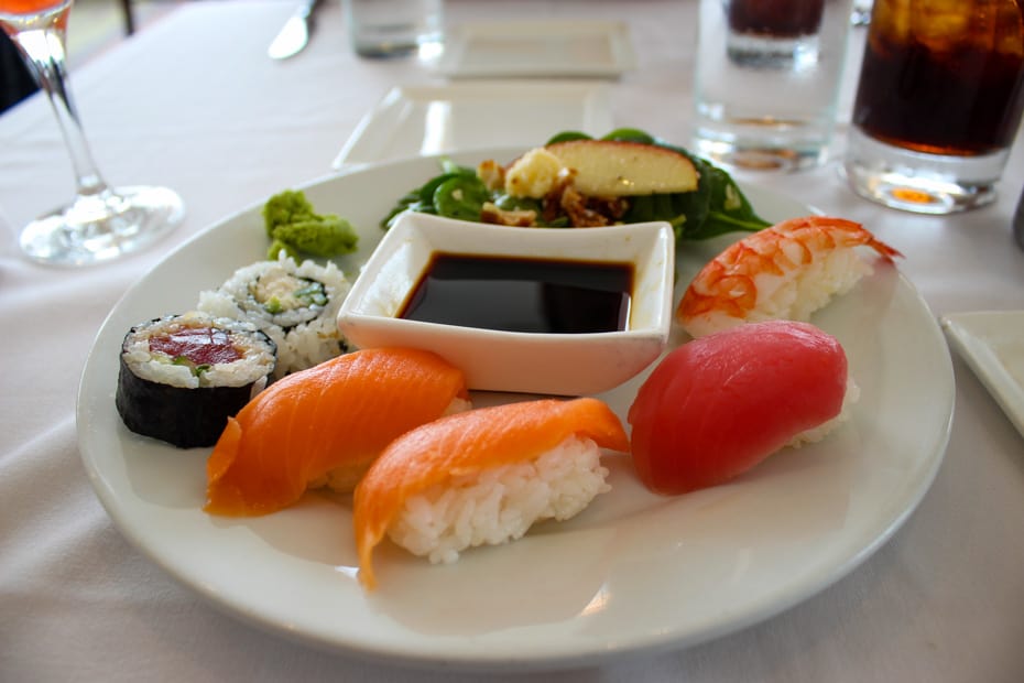 a prepared plate with sushi at California Grill Brunch 