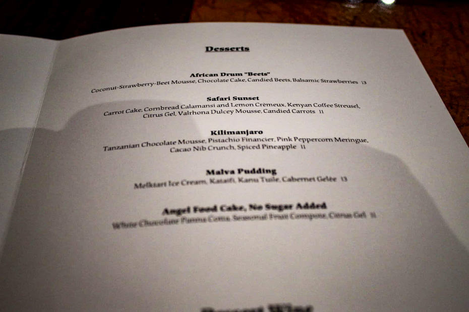 a list of desserts including the Safari Sunset at Jiko, The Cooking Place 
