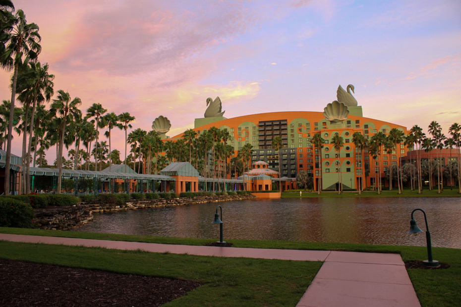 a sunset photo of Disney's Swan Resort 