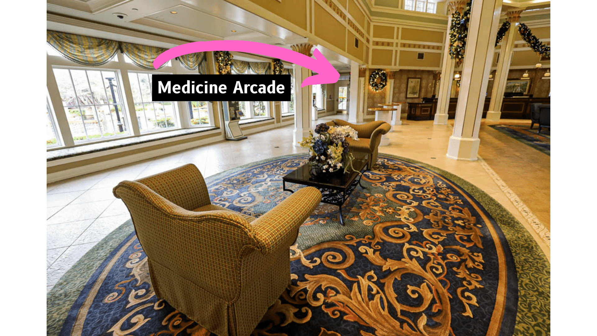a photo of Riverside's lobby with an arrow pointing to the entrance of the Medicine Arcade 