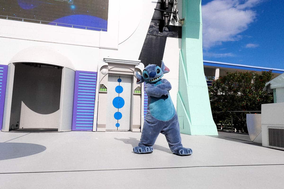 Stitch on the Rocket Tower Plaza Stage in Tomorrowland 