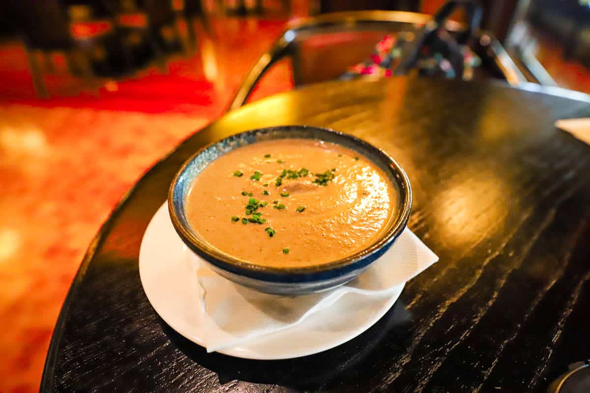 mushroom soup topped with chives 