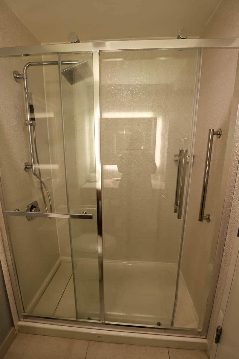the walk-in shower at our room at the Swan and Dolphin 