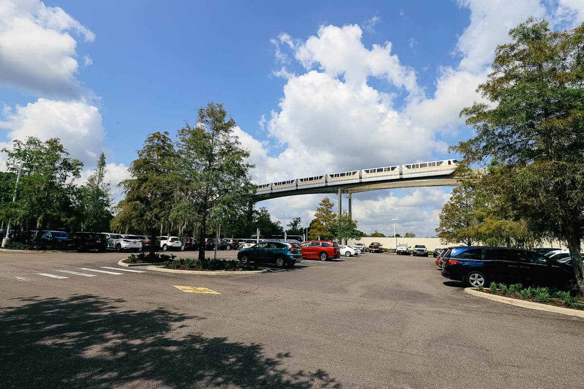 the Contemporary Garden Wing parking lot with the monorail crossing above it 