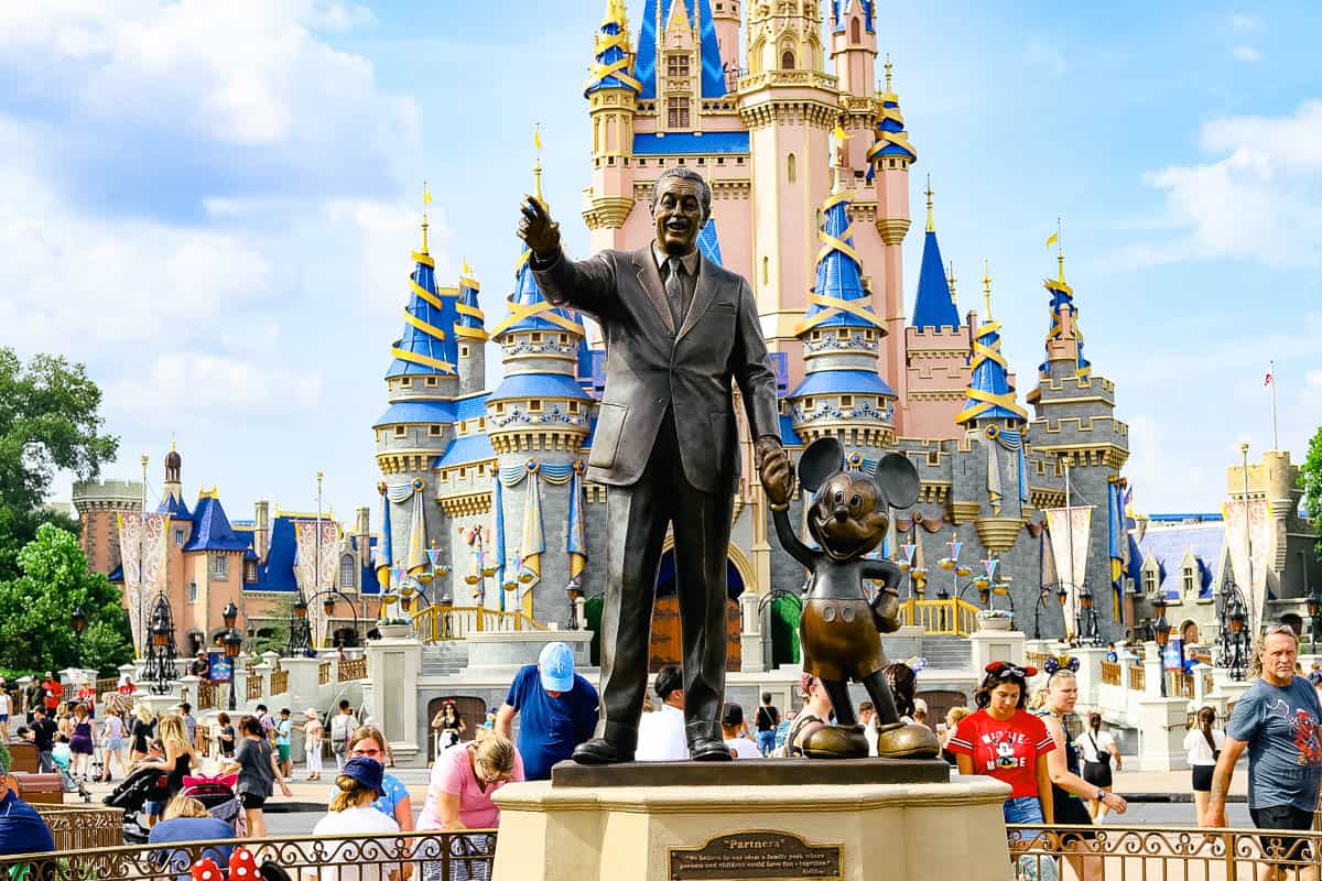 Walt and Mickey statue in front of Cinderella Castle during the 50th anniversary 