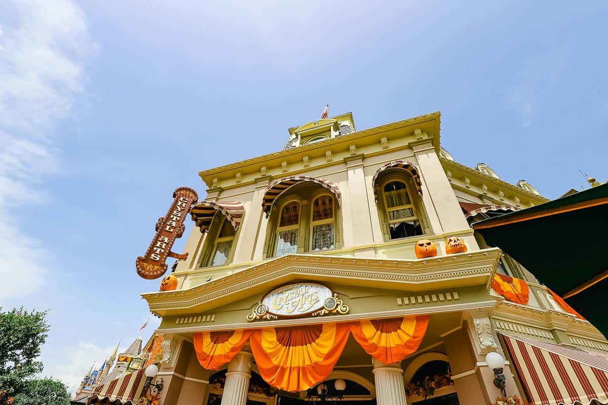 the Crystal Arts shop on Main Street decorated for Halloween 