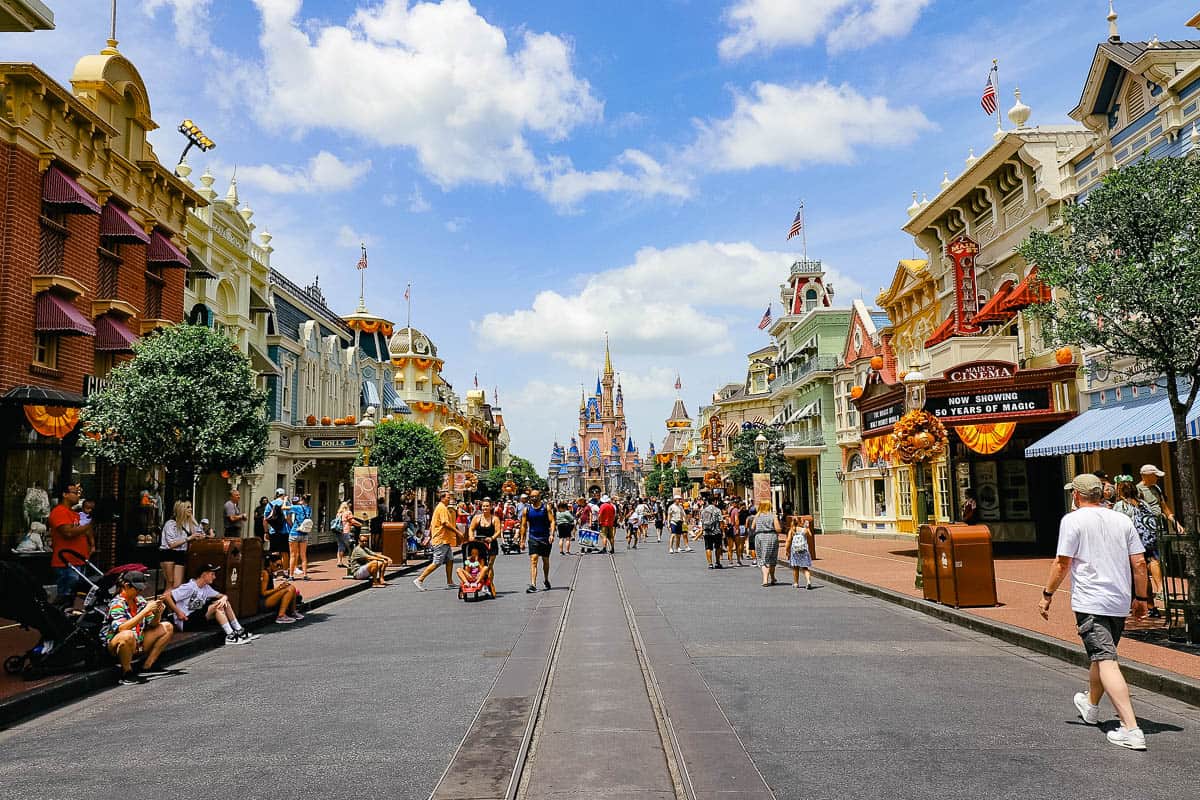 an overall view of Main Street USA with decorations 