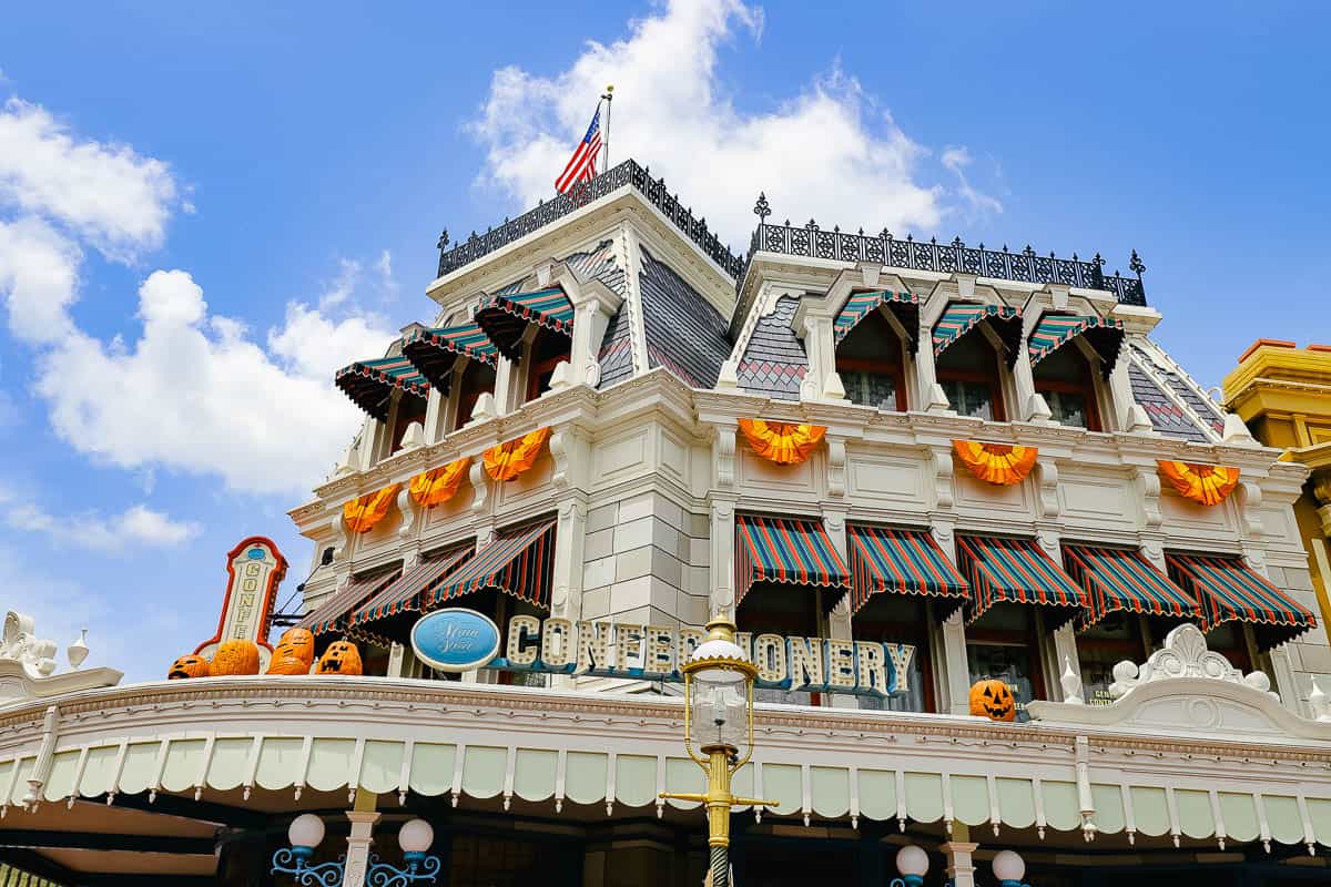 decorative bunting over the Main Street Confectionary for the Halloween season at Walt Disney World