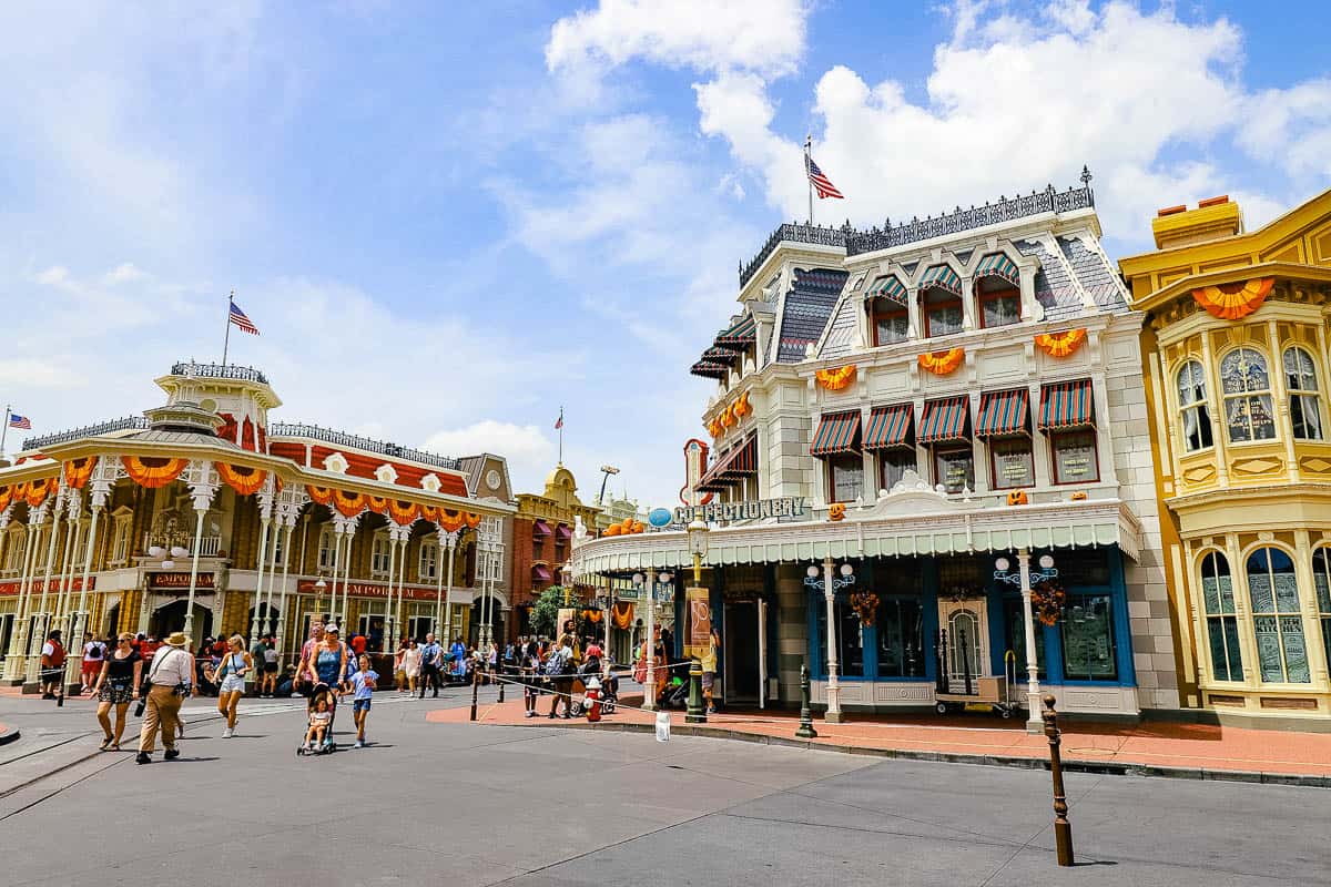 Main Street USA with yellow, orange, and red bunting 