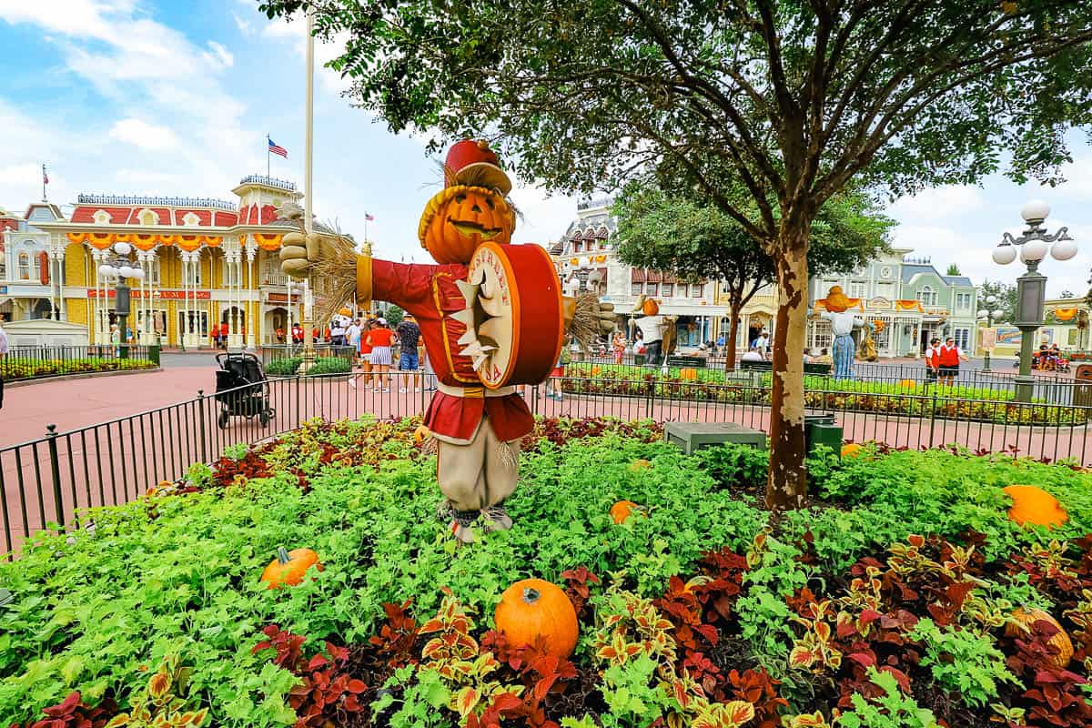 a drummer scarecrow at Magic Kingdom 