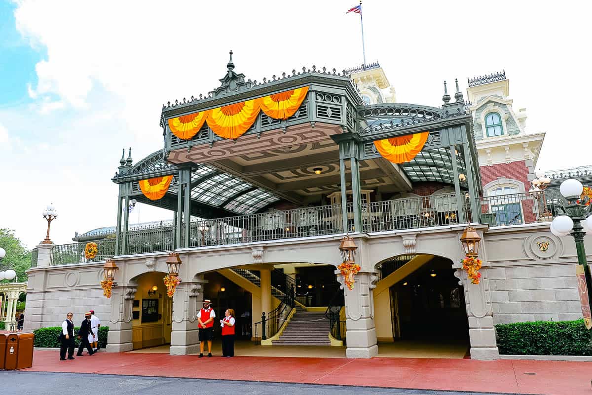 the train station with Halloween decorations at Magic Kingdom