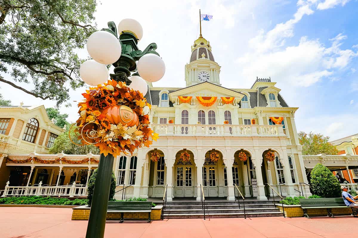 City Hall with orange, yellow, and red bunting