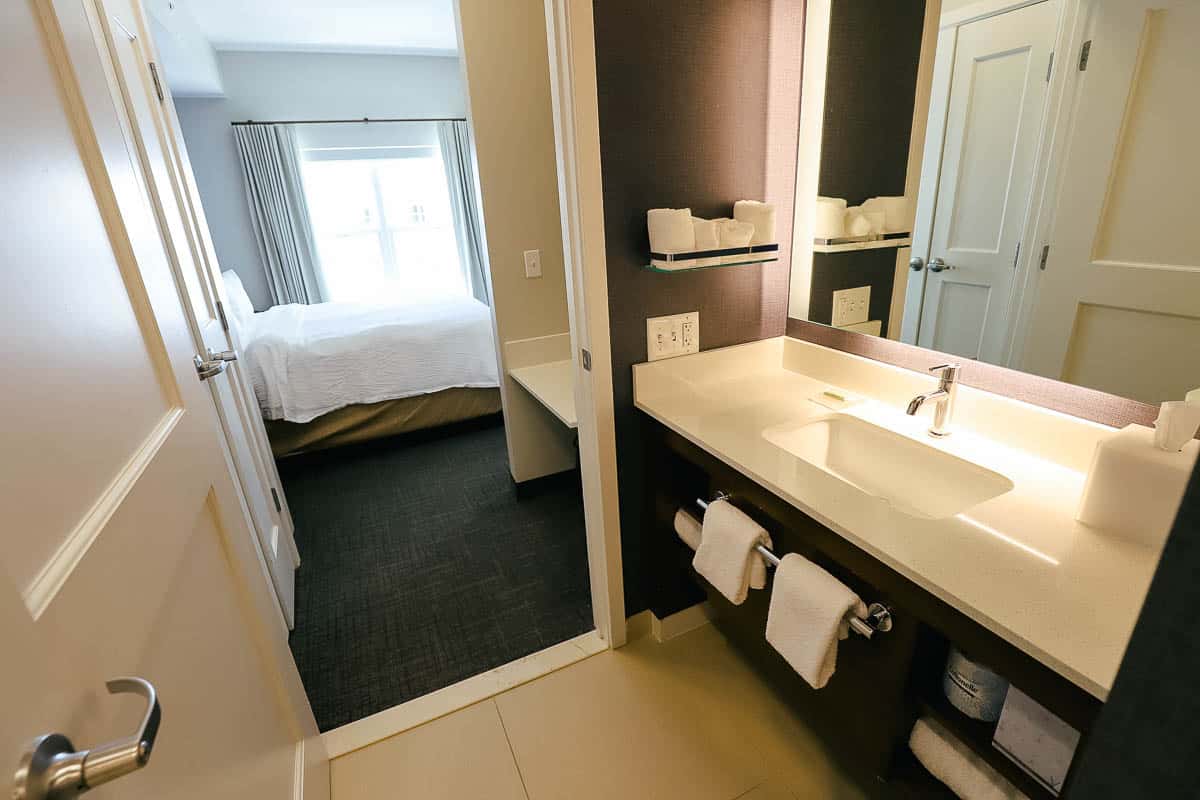 the overall layout of the guest bath at Flamingo Crossings Residence Inn near Disney World 