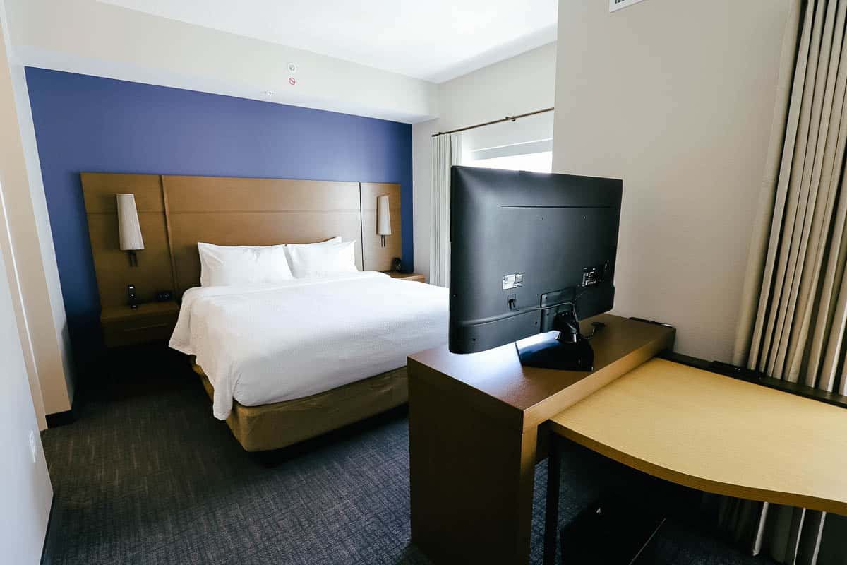 King size bed area in the studio room at the Residence Inn Flamingo Crossings near Disney World 