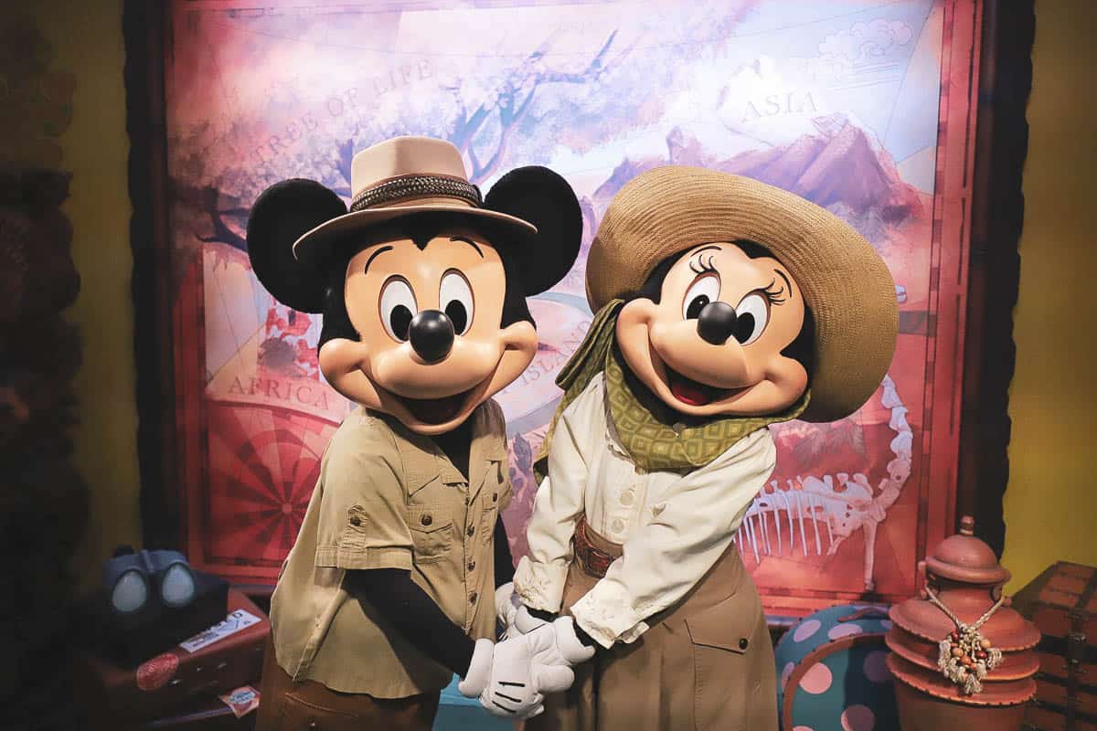 Mickey and Minnie Mouse in their safari suits at Adventurer's Outpost 