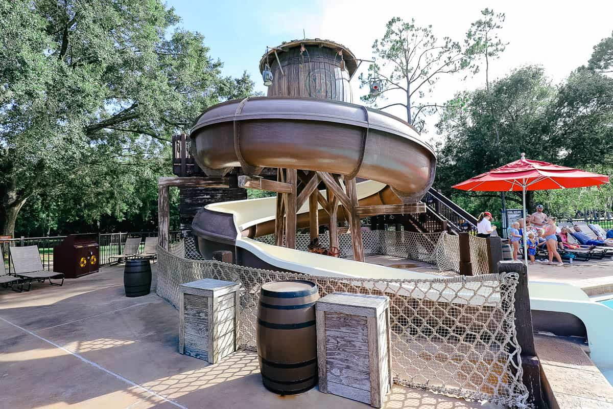 the water tower wrap around slide at The Meadow Pool at Disney's Fort Wilderness 