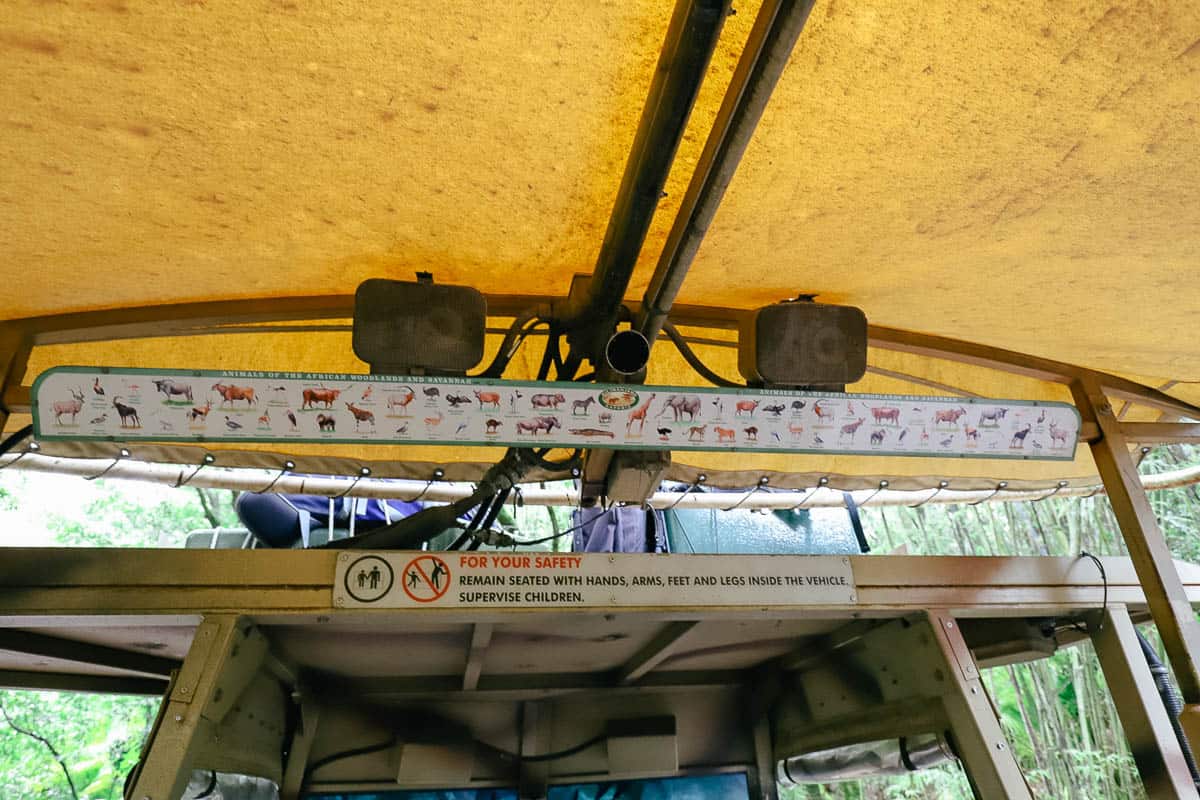 a sign on the safari vehicle that shows all the animals that call the Kilimanjaro Safaris home 