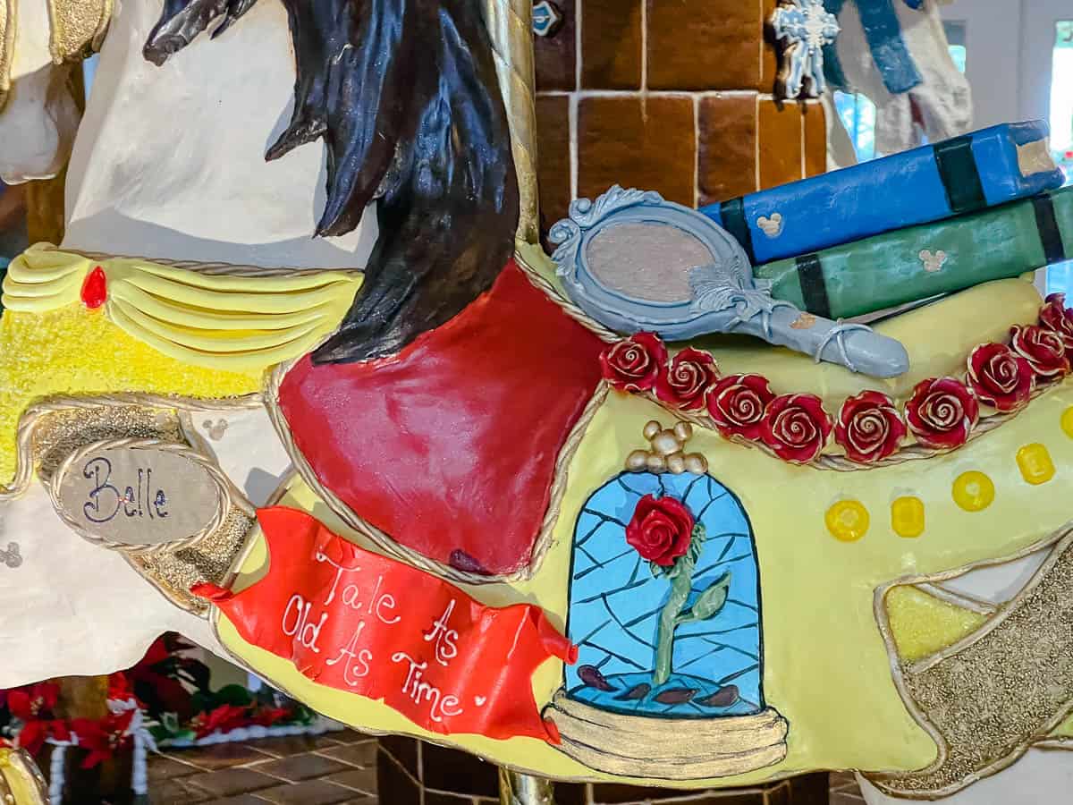 closeup details of Belle's gingerbread carousel horse with magic mirror