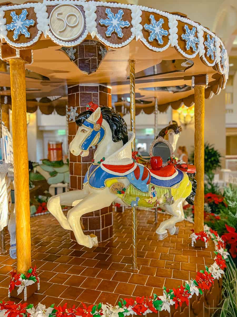 overall of Snow White's horse on the gingerbread carousel 