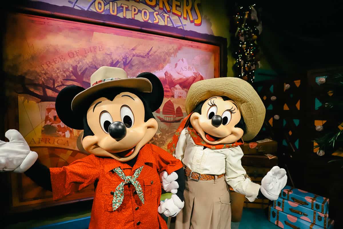 Mickey and Minnie in their holiday look at Adventurer's Outpost. 