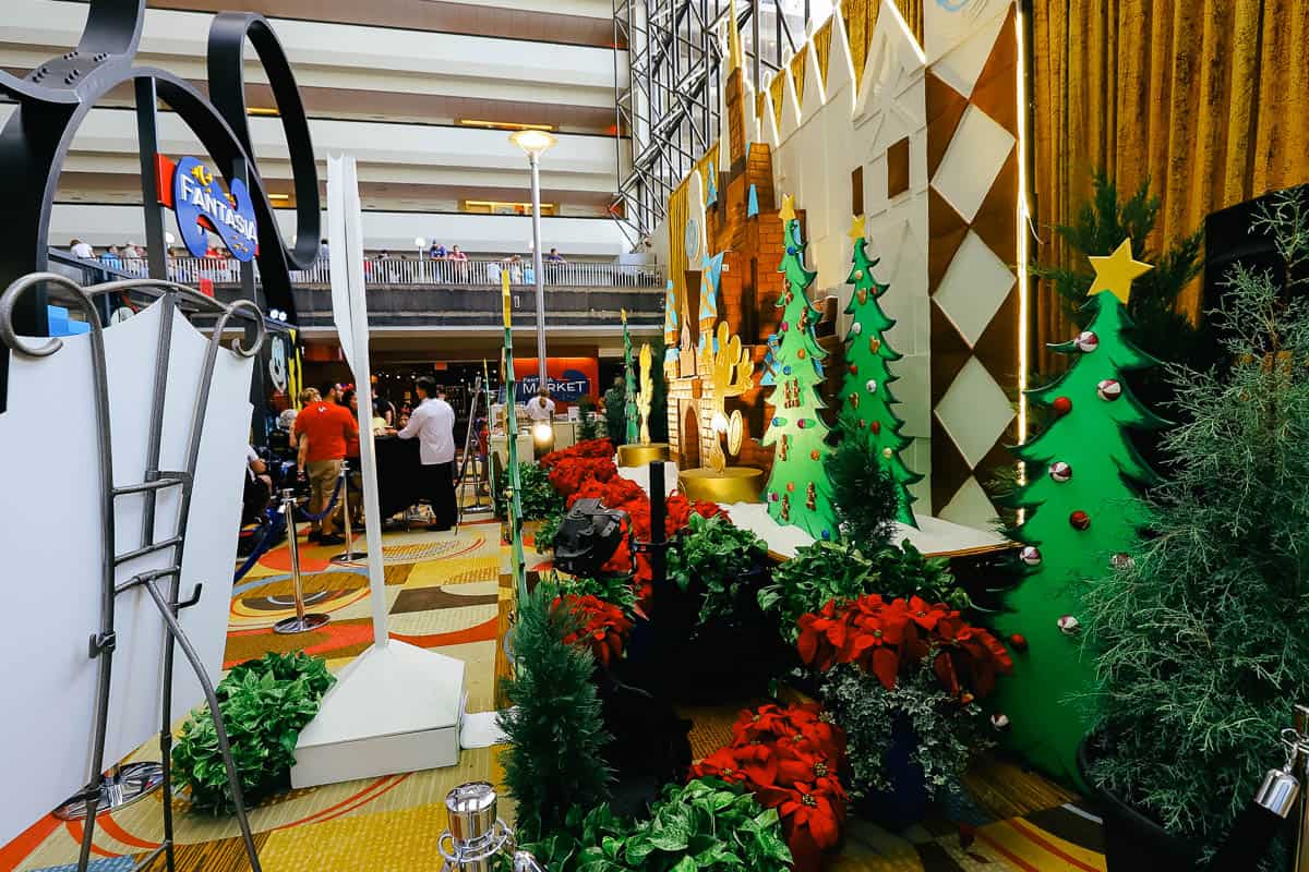 side view of the display centered around flowers and poinsettias 