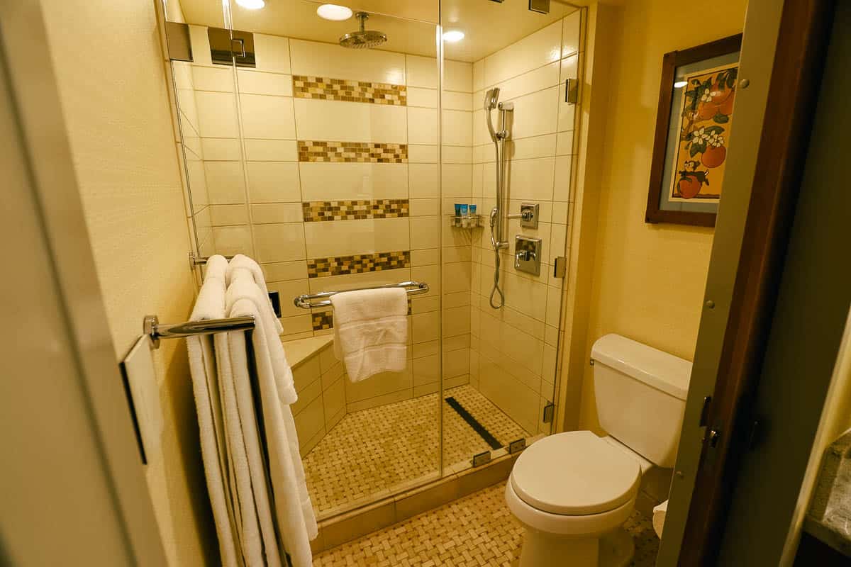 a walk-in tile shower in our room at the Grand Californian 