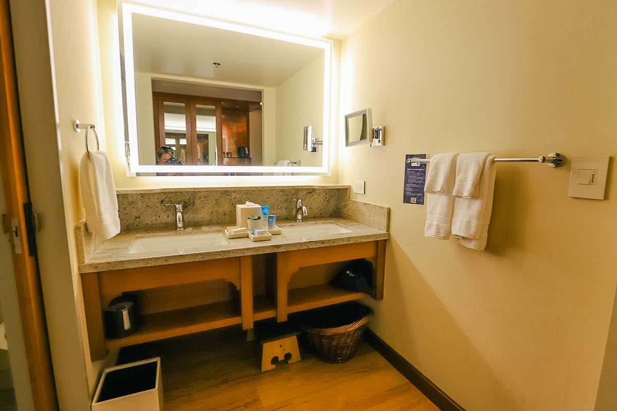 the vanity area in a standard guest room at the Grand Californian 