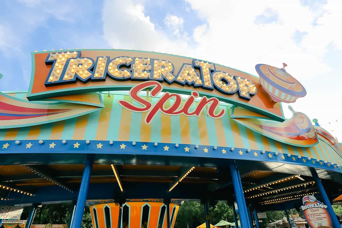 The signage for TriceraTop Spin at Disney's Animal Kingdom 