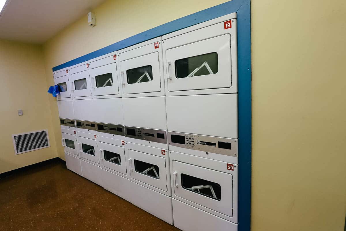 row of dryers on the back wall 