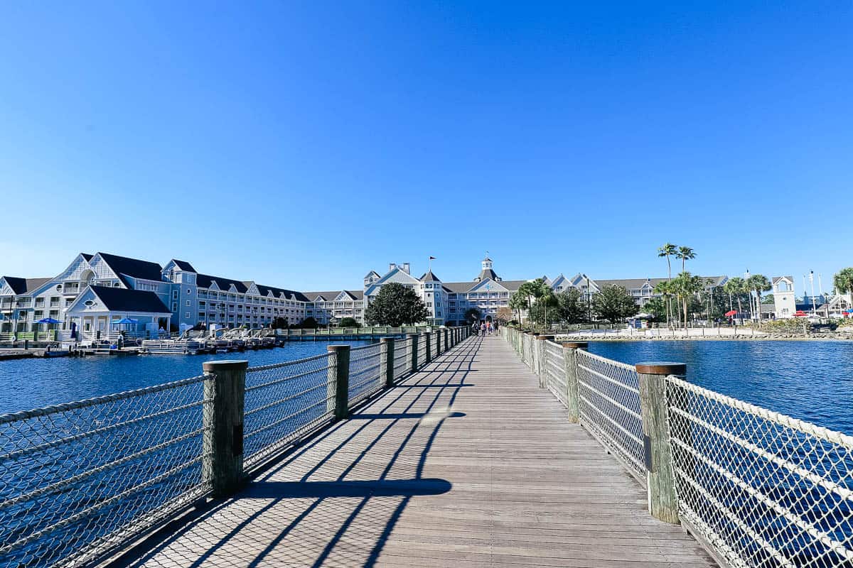 View of Disney's Yacht Club from the boat dock. 