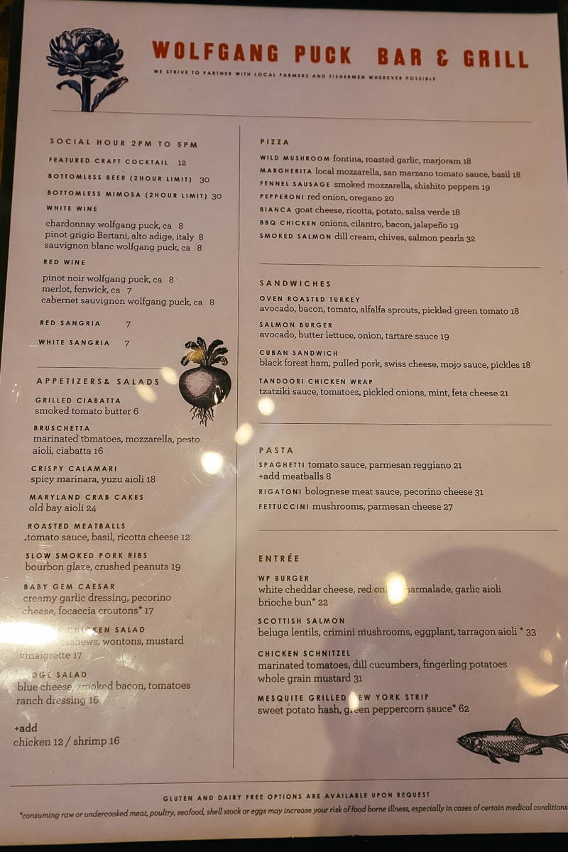 the menu at Wolfgang Puck