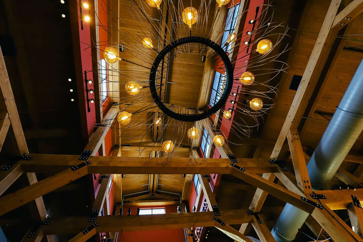 the barn like ceiling inside Wolf Gang Puck at Disney Springs 