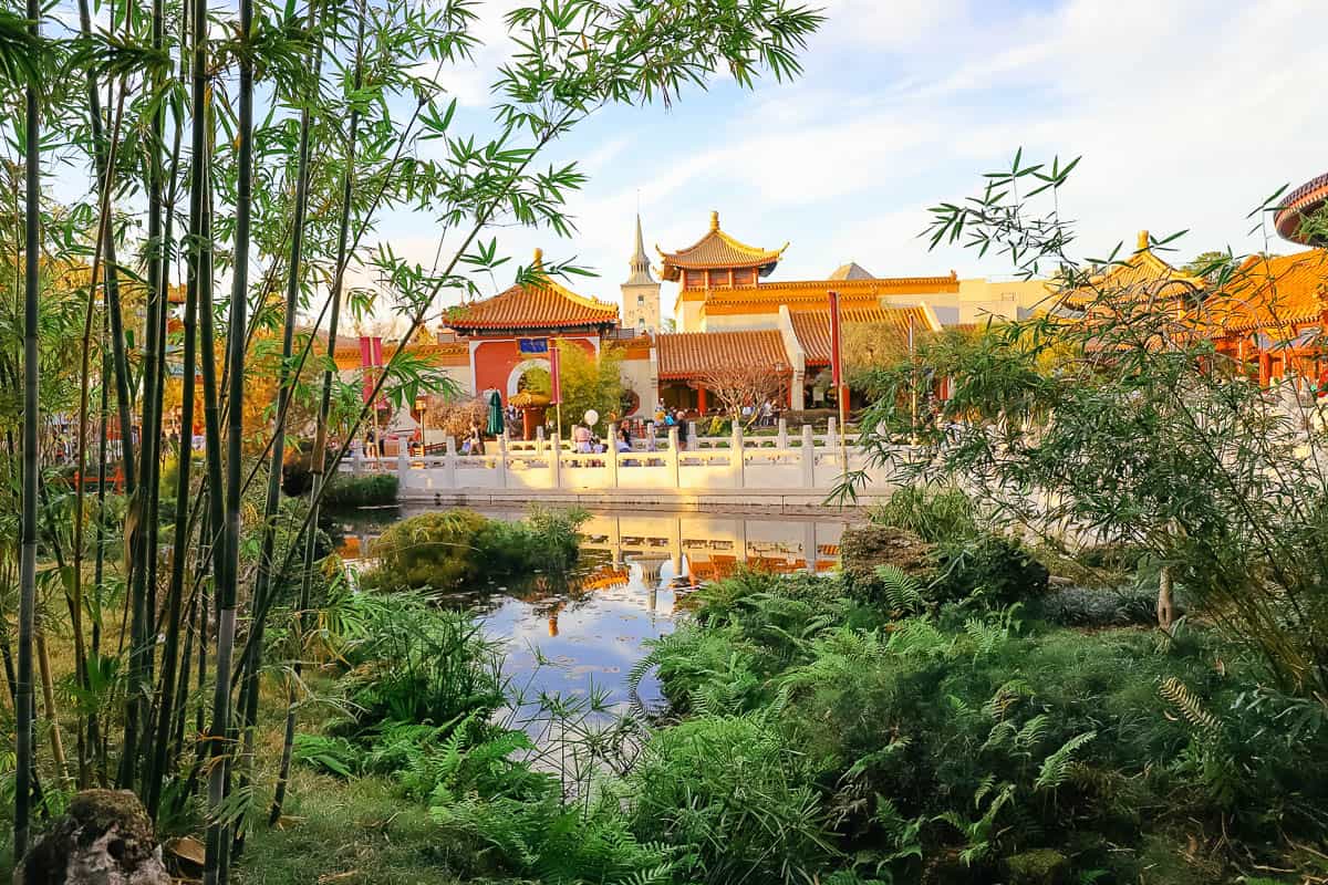 a scenic view of the China Pavilion in Epcot at sunset 