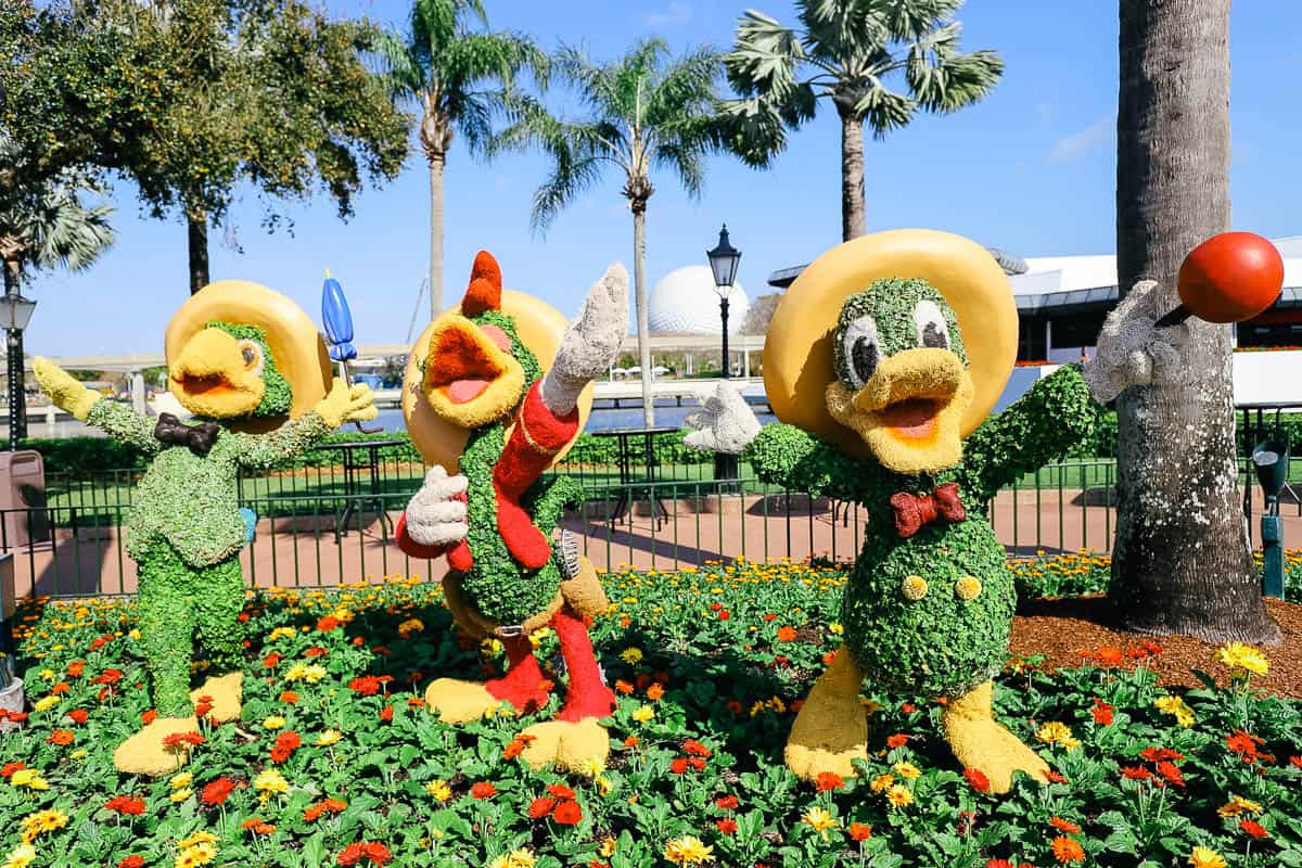 The Three Caballeros Topiary near Epcot's Mexico Pavilion in 2023 