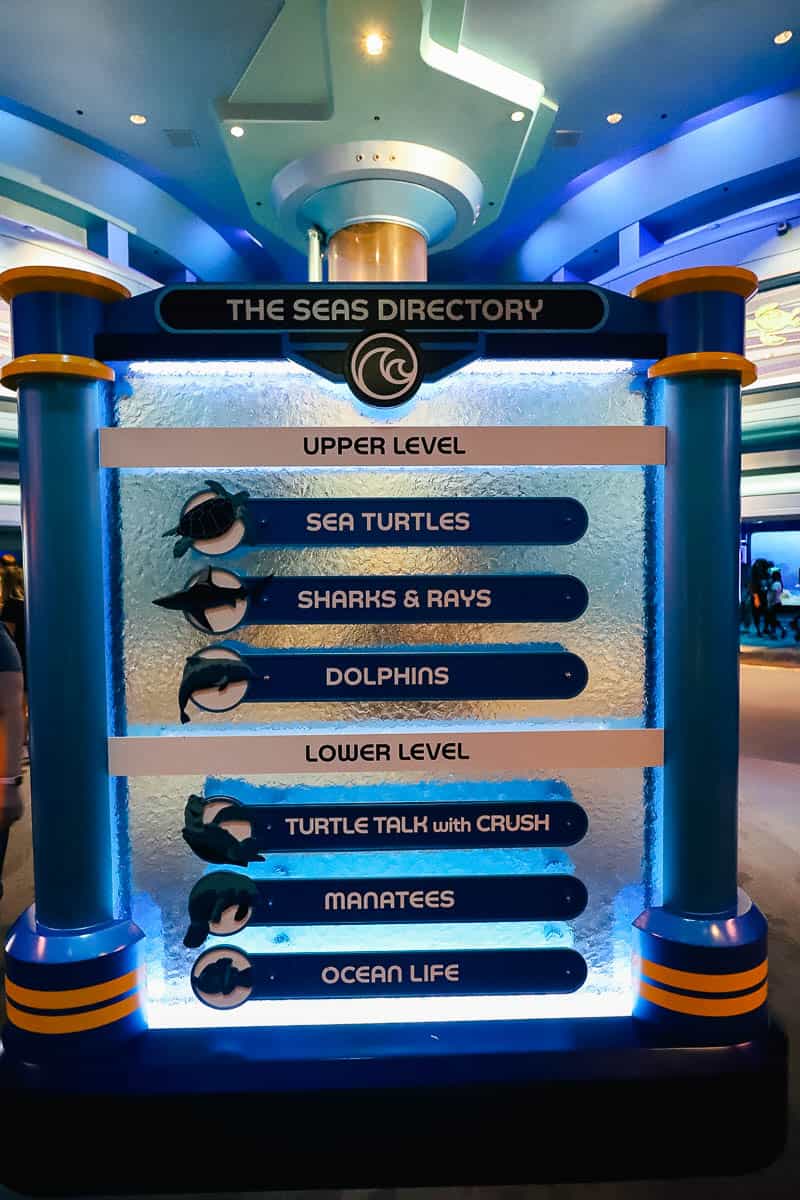 a directional that lists the items in the Seas Pavilion 