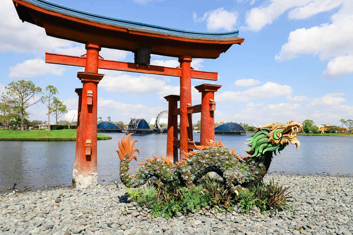 a dragon covered in succulents in front of the Torii Gate in the Japan Pavilion