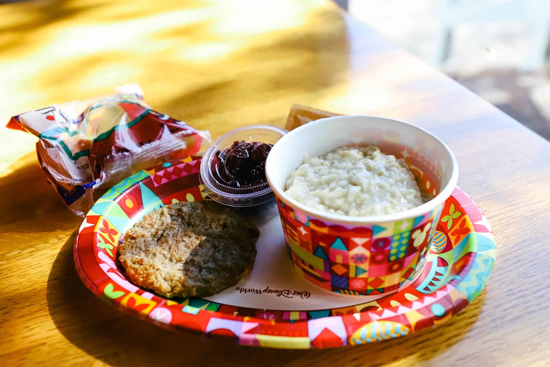 a kids' meal of oatmeal with turkey sausage from Riverside Mill food court 