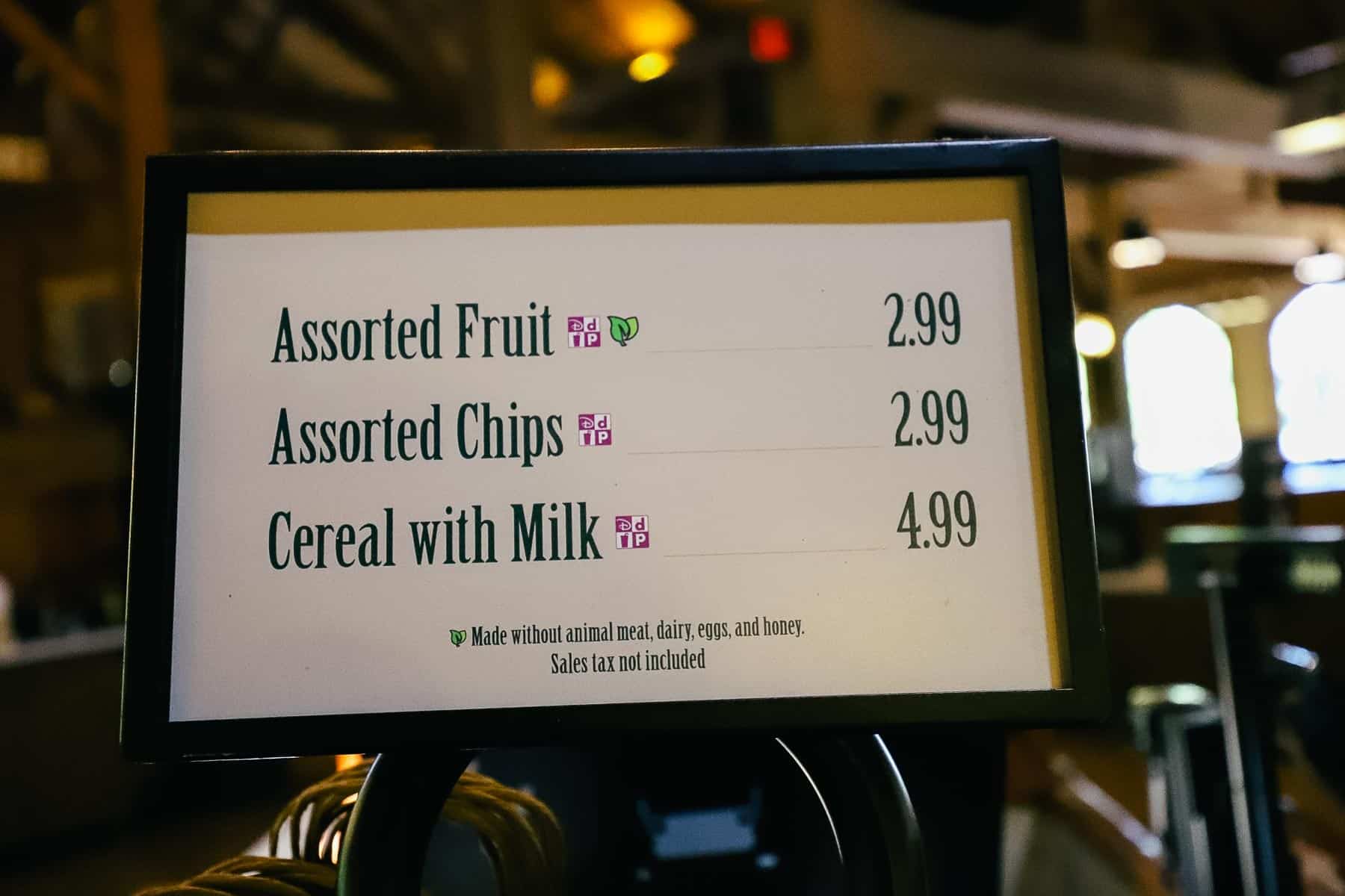 a menu that lists the prices for assorted fruits at Riverside Mill 