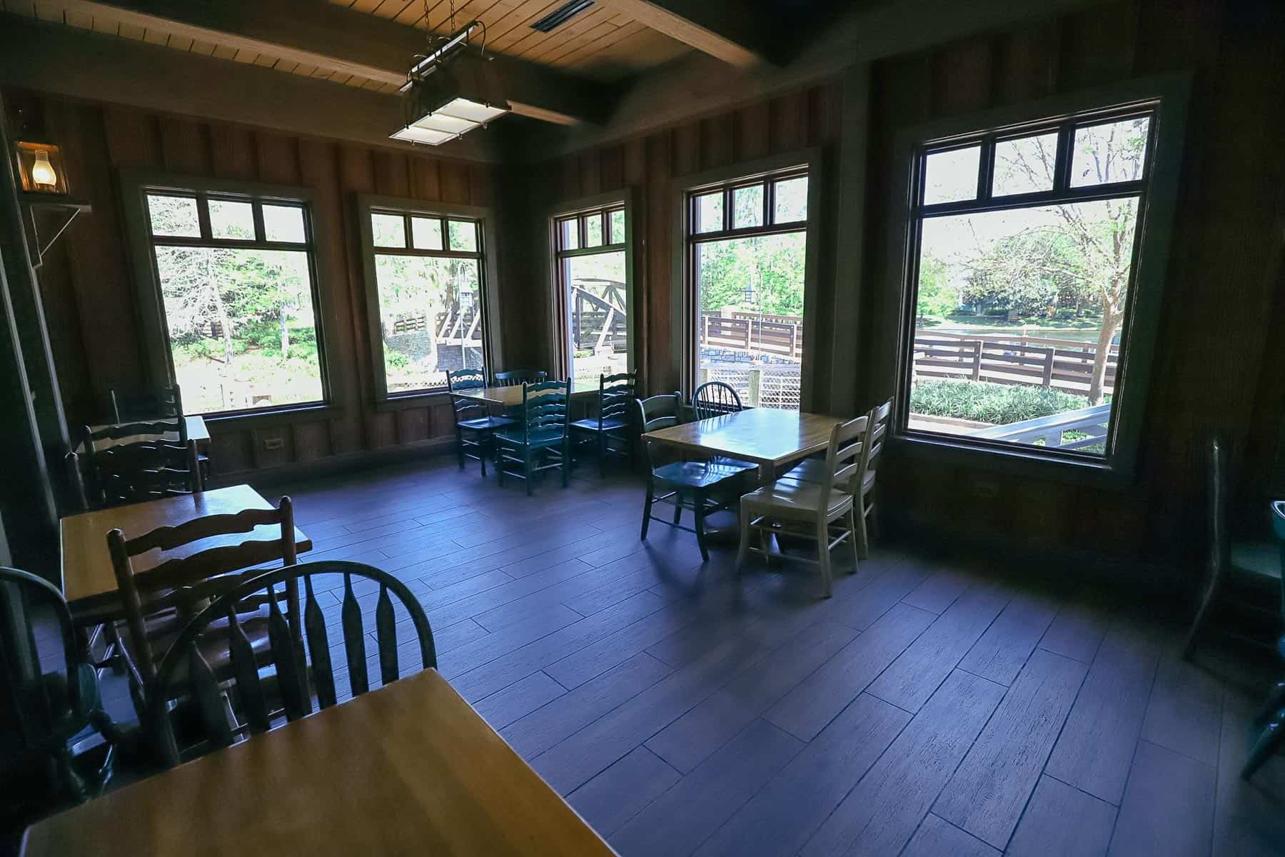 window seats that look out from the food court to Riverside Resort 