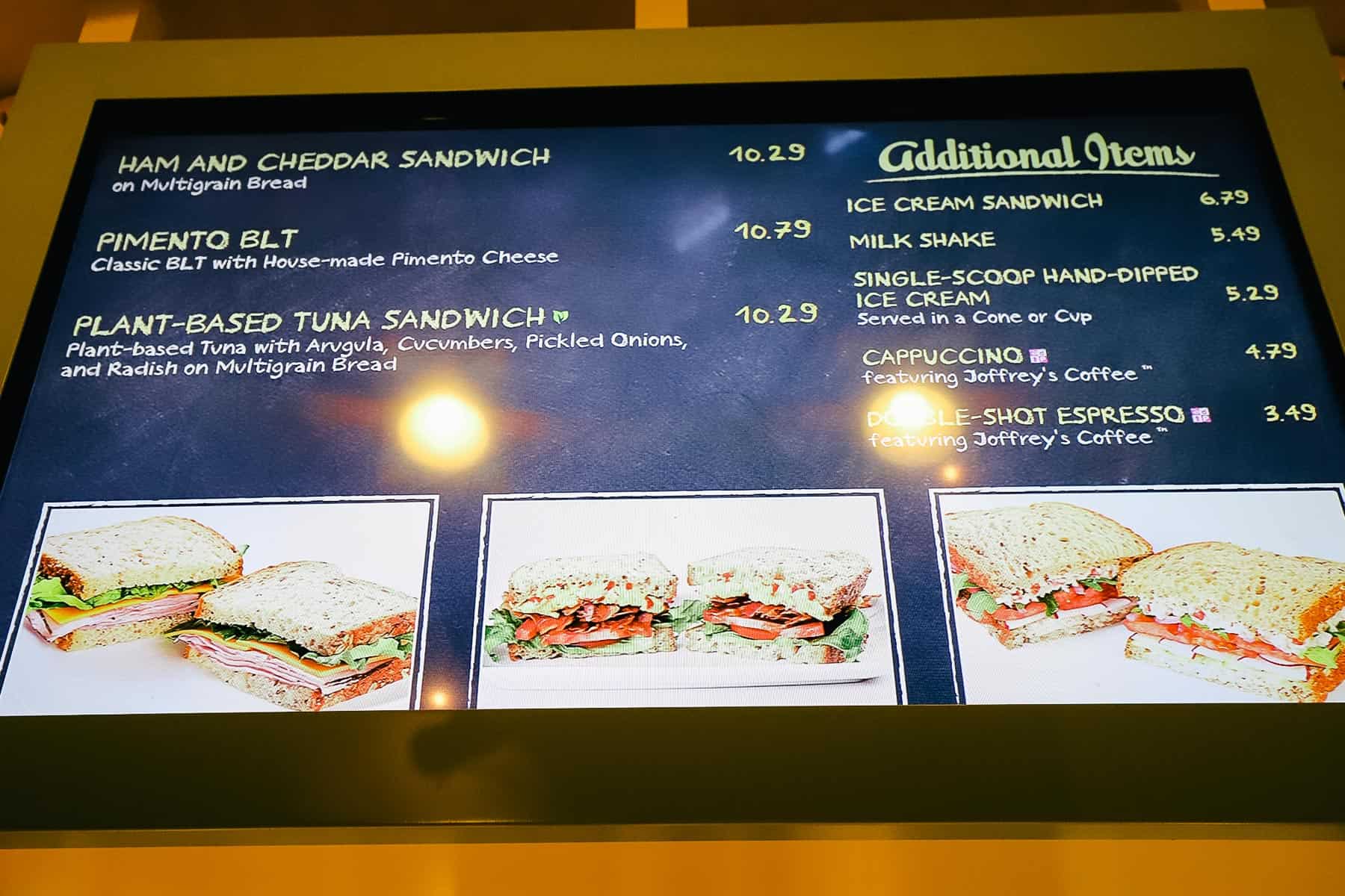 a menu with the premade sandwiches and ice cream 