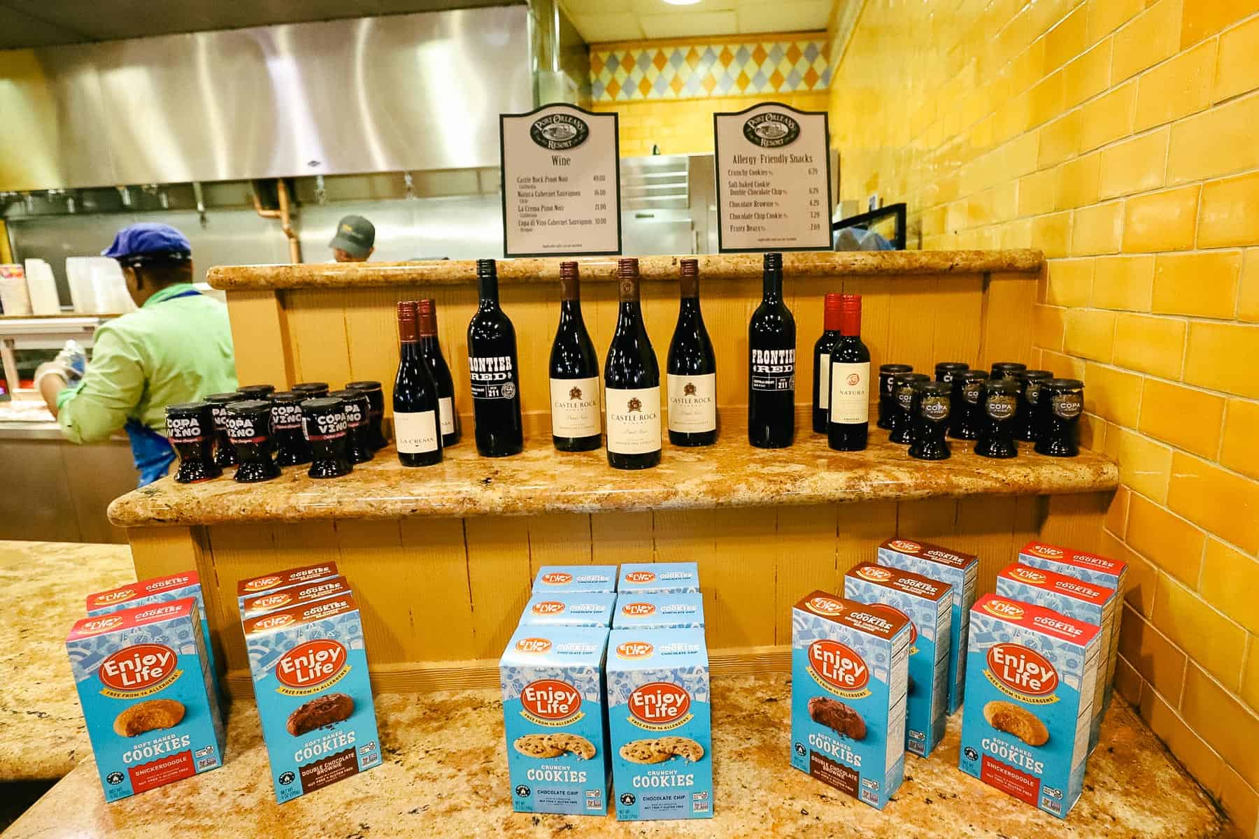 a display inside Riverside Mill with bottles of wine, individual wine, and Enjoy Life cookies 